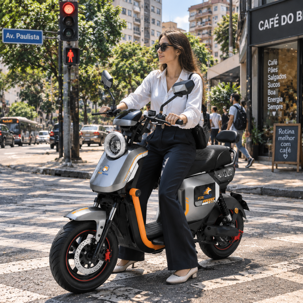 Z6 Scooter Elétrica FOXSCOO 1000W | 3 Velocidades, Alarme Anti‑Roubo, Bluetooth e Entrada USB（Branco）